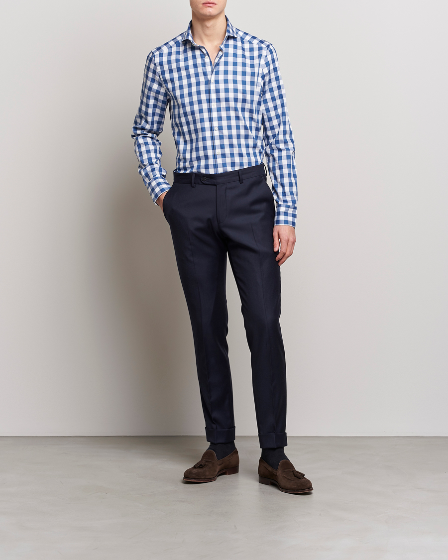 Homme | Chemises | Stenströms | Slimline Cut Away Large Gingham Shirt Blue