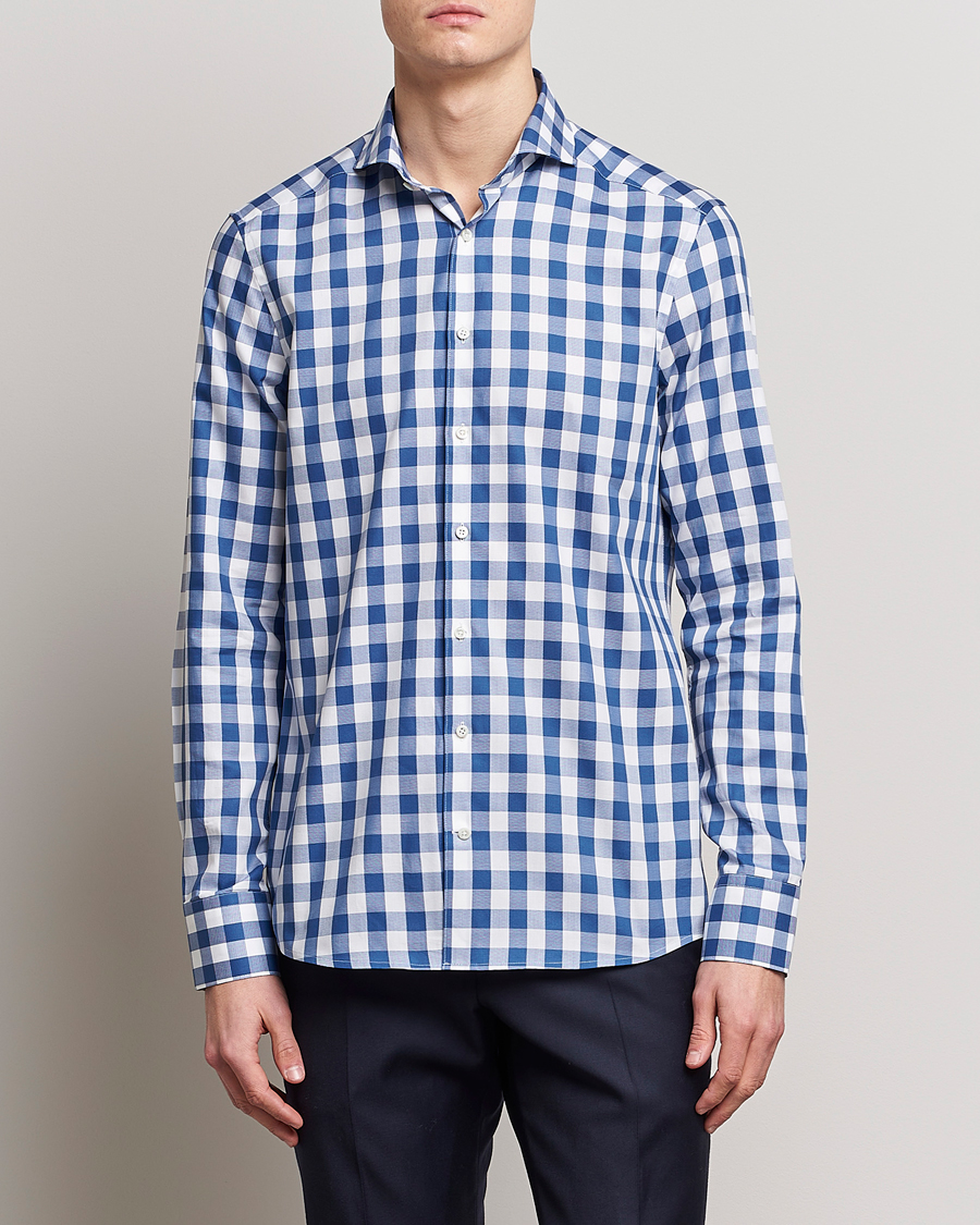 Homme | Chemises | Stenströms | Slimline Cut Away Large Gingham Shirt Blue