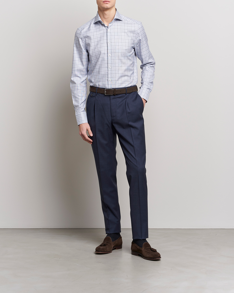 Homme | Chemises | Stenströms | Slimline Cut Away Multicheck Shirt Blue