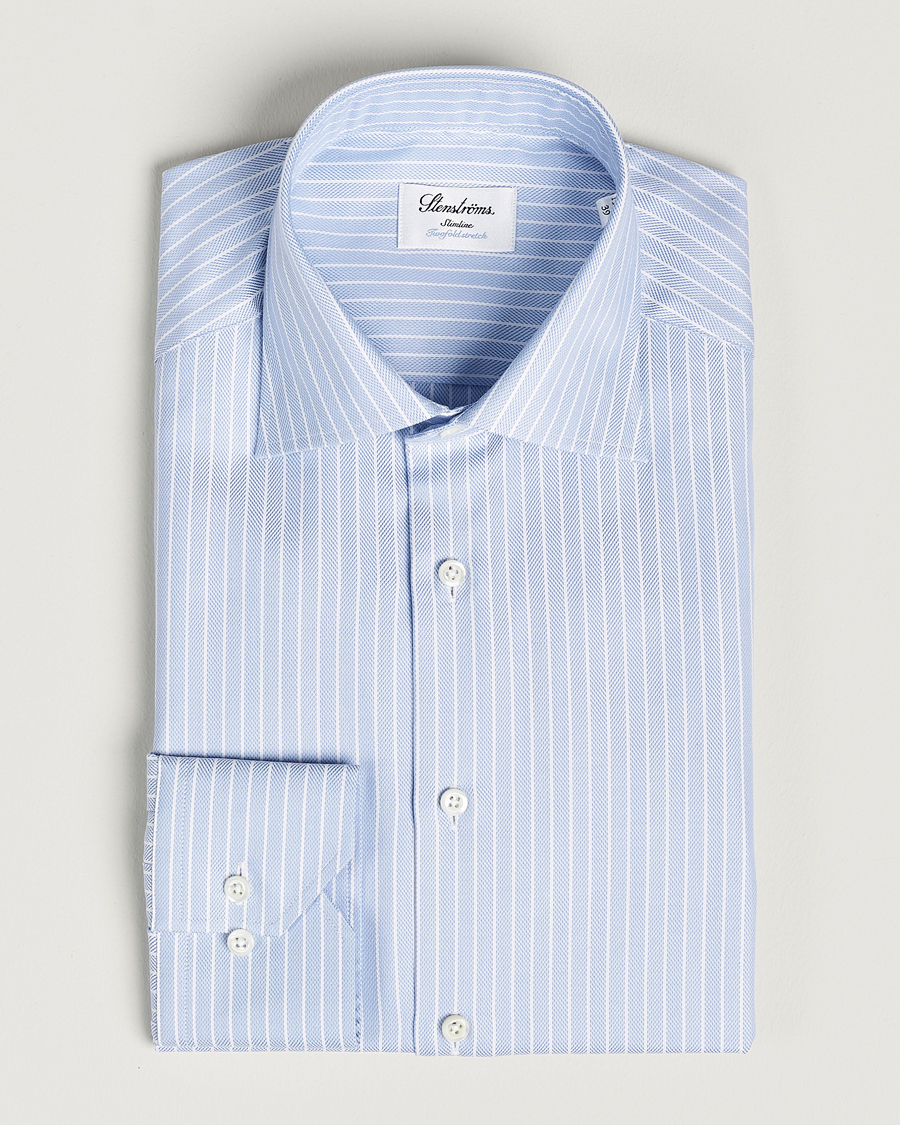 Homme | Chemises | Stenströms | Slimline Cut Away Herringbone Striped Shirt Blue
