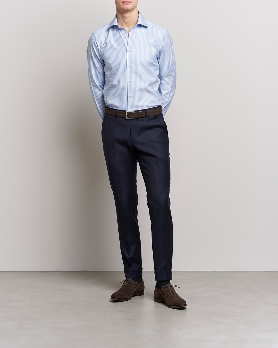 Homme | Chemises | Stenströms | Slimline Cut Away Herringbone Striped Shirt Blue