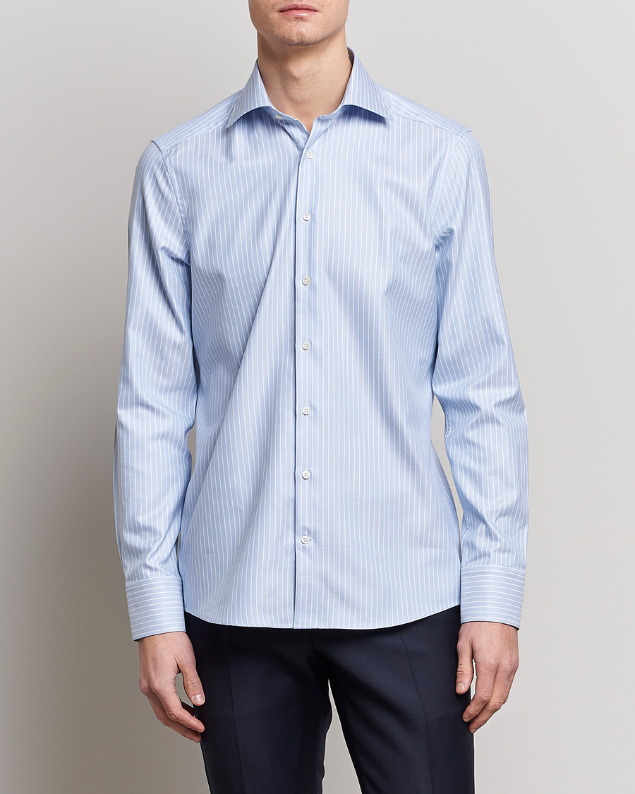 Homme | Chemises | Stenströms | Slimline Cut Away Herringbone Striped Shirt Blue