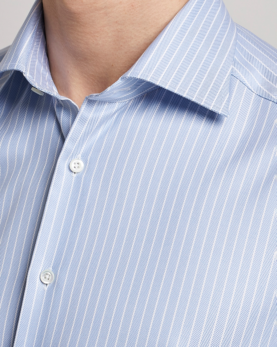 Homme | Chemises | Stenströms | Slimline Cut Away Herringbone Striped Shirt Blue