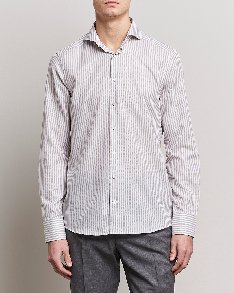 Homme | Chemises | Stenströms | Slimline Cut Away Structure Striped Shirt Brown