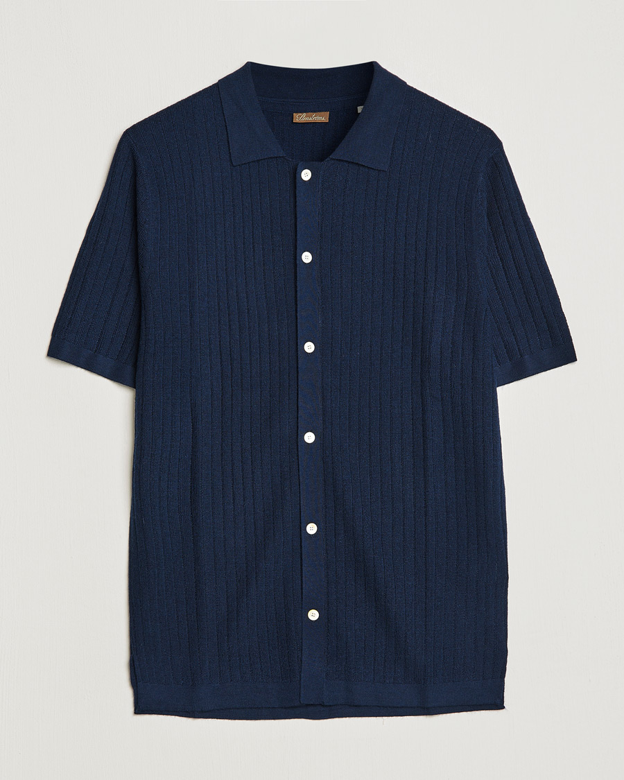 Homme | Polos | Stenströms | Merino/Lyocell Ribbed Buttoned Polo Shirt Navy