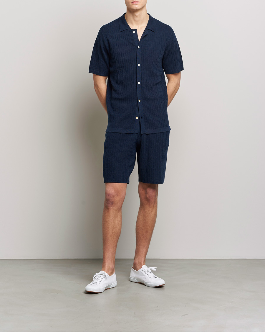 Homme | Polos | Stenströms | Merino/Lyocell Ribbed Buttoned Polo Shirt Navy