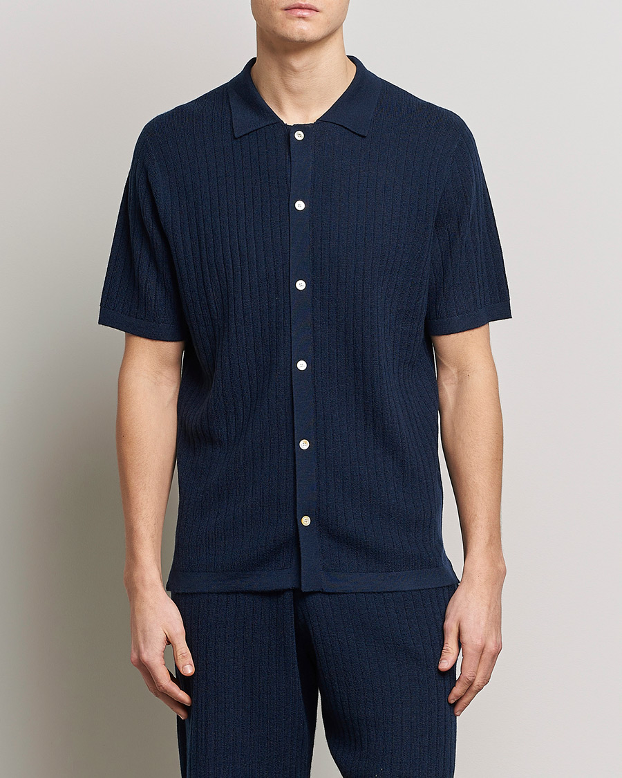 Homme | Polos | Stenströms | Merino/Lyocell Ribbed Buttoned Polo Shirt Navy