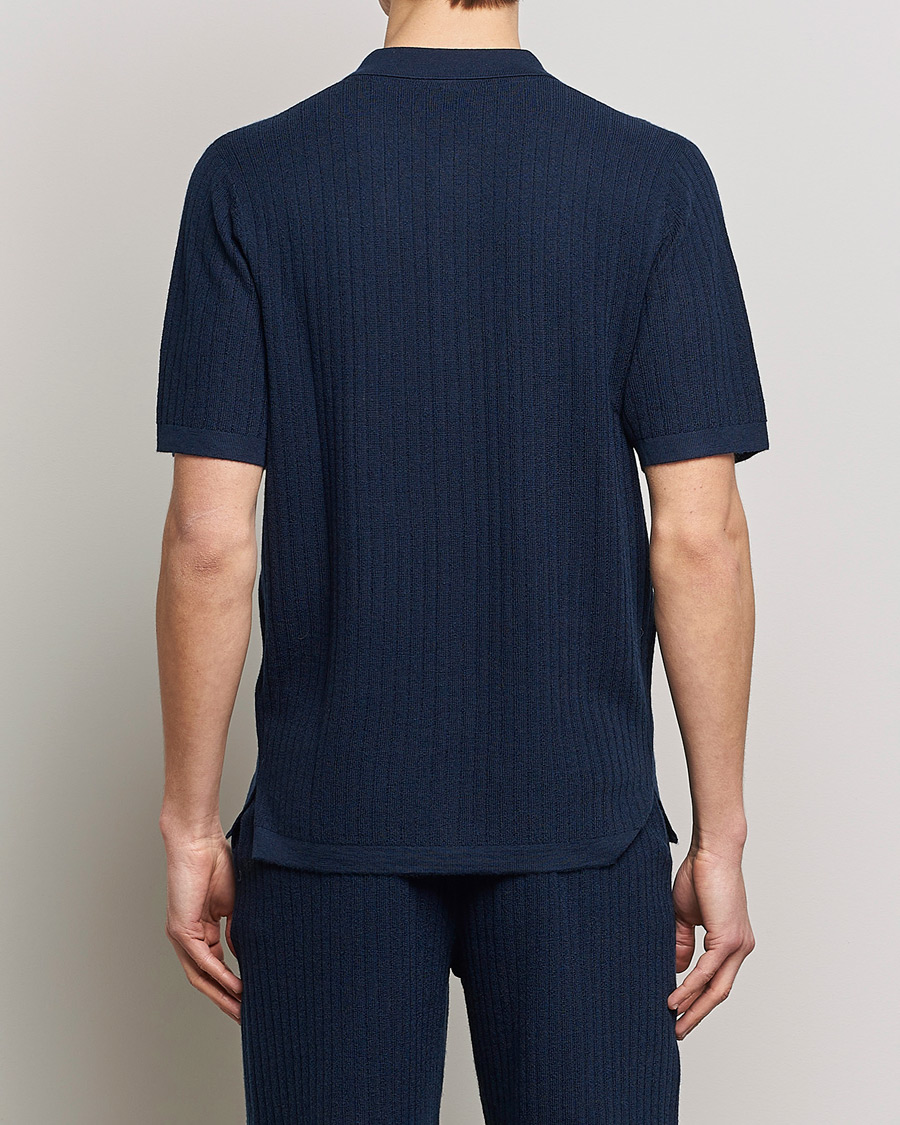 Homme | Polos | Stenströms | Merino/Lyocell Ribbed Buttoned Polo Shirt Navy