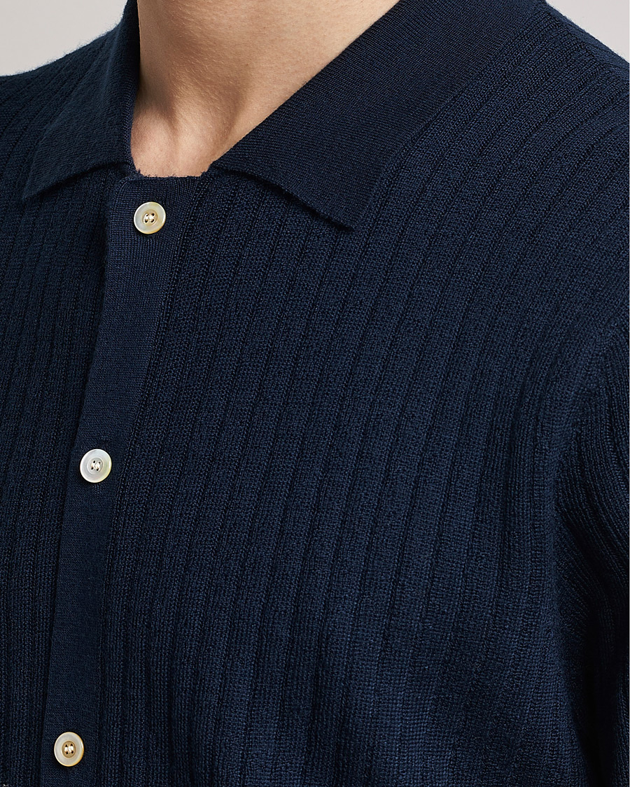 Homme | Polos | Stenströms | Merino/Lyocell Ribbed Buttoned Polo Shirt Navy