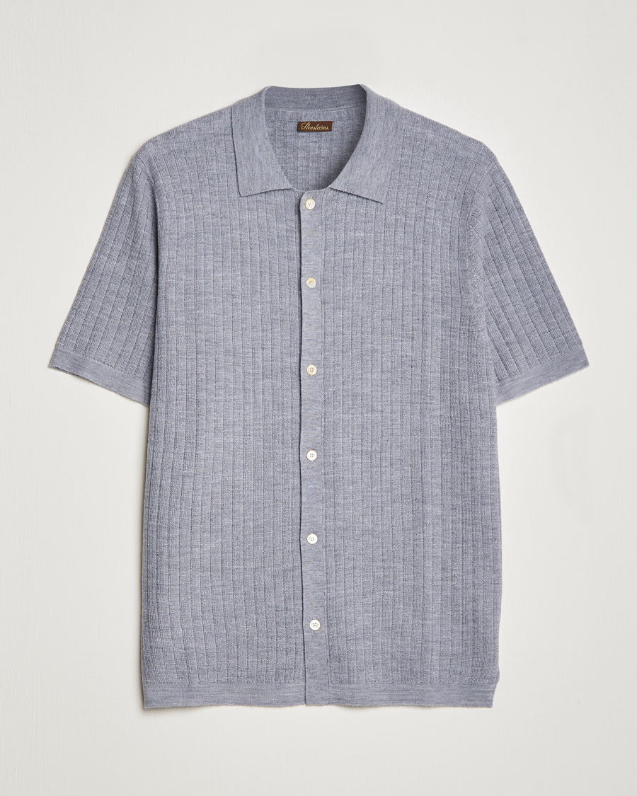 Homme | Polos | Stenströms | Merino/Lyocell Ribbed Buttoned Polo Shirt Grey