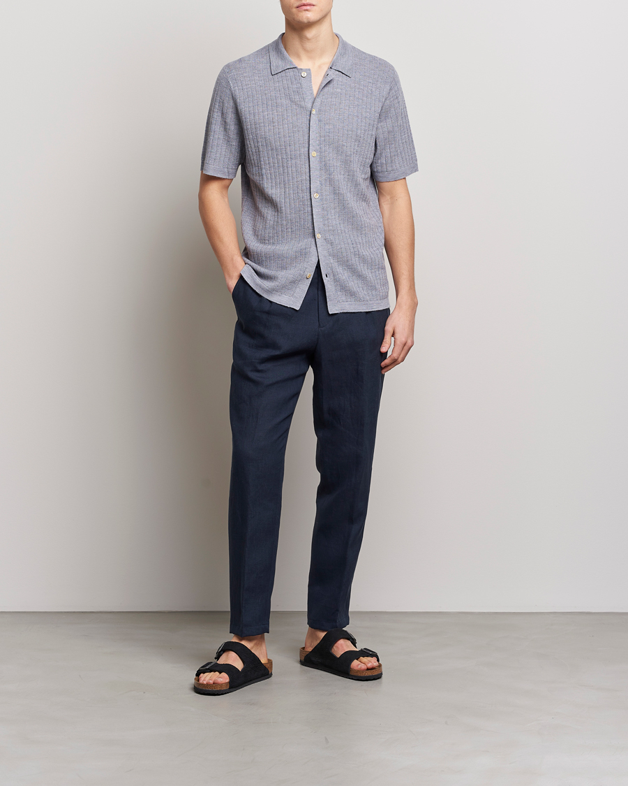 Homme | Polos | Stenströms | Merino/Lyocell Ribbed Buttoned Polo Shirt Grey