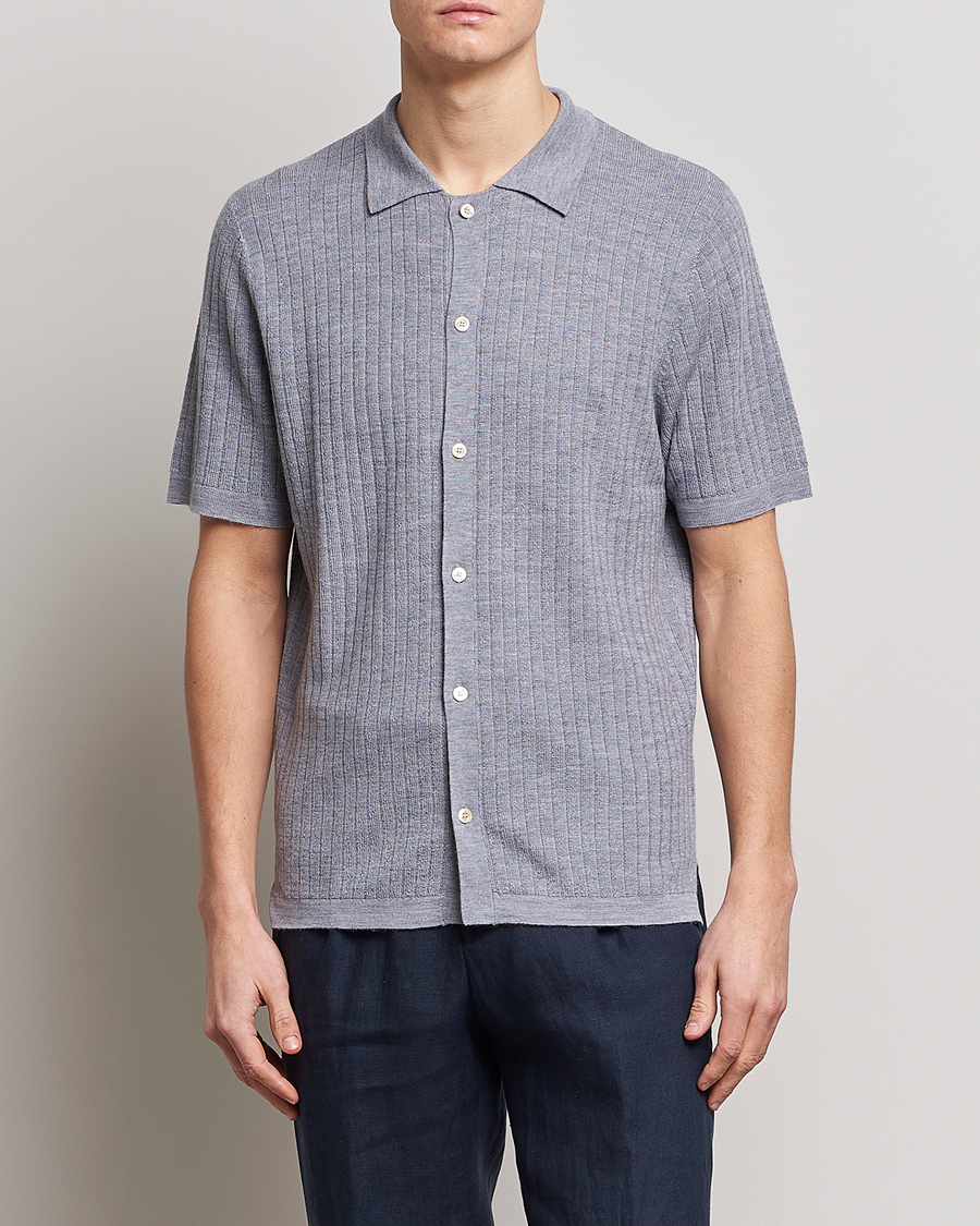 Homme | Polos | Stenströms | Merino/Lyocell Ribbed Buttoned Polo Shirt Grey