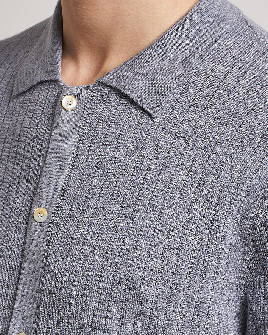 Homme | Polos | Stenströms | Merino/Lyocell Ribbed Buttoned Polo Shirt Grey
