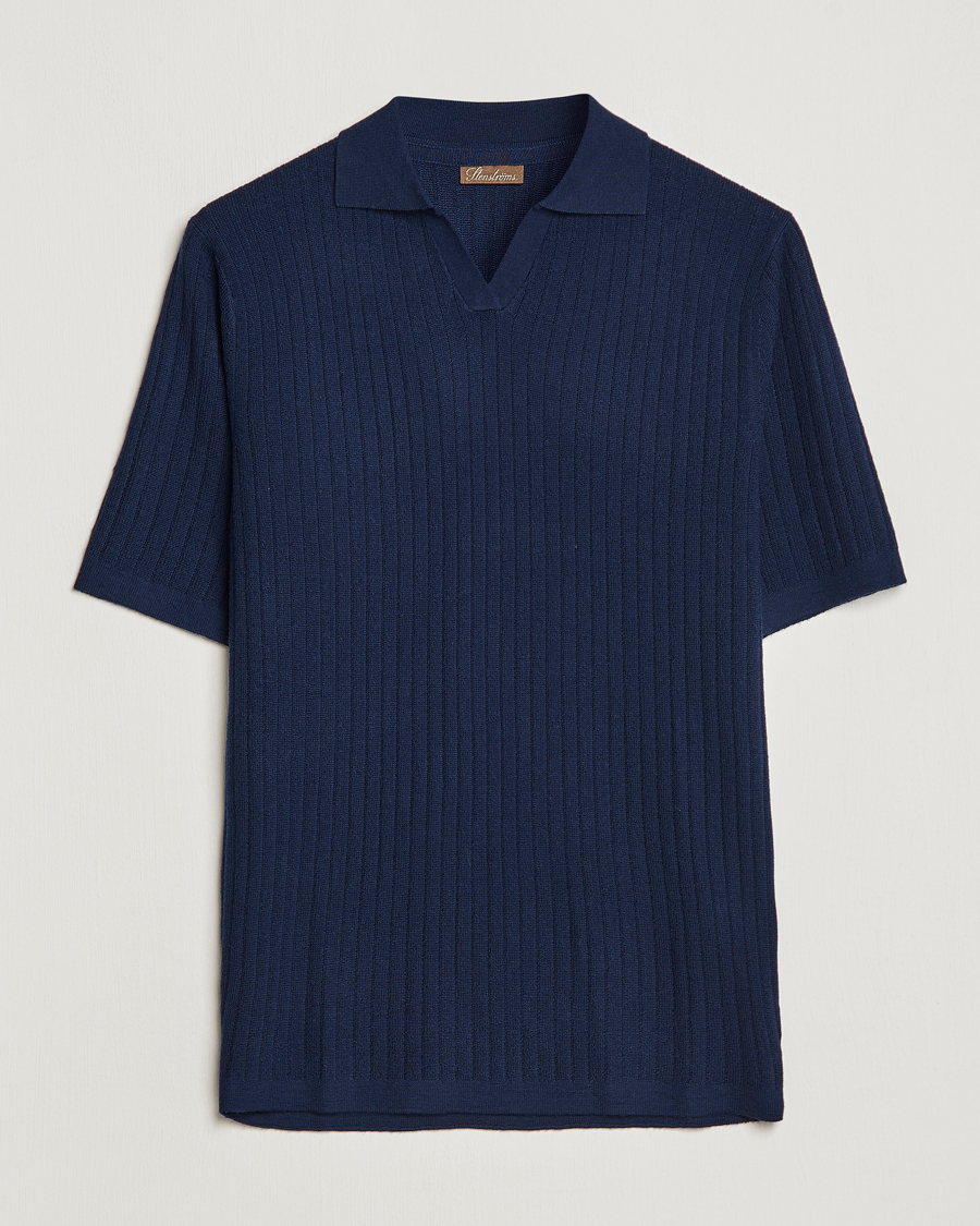 Homme | Polos | Stenströms | Merino/Lyocell Ribbed Open Collar Polo Navy