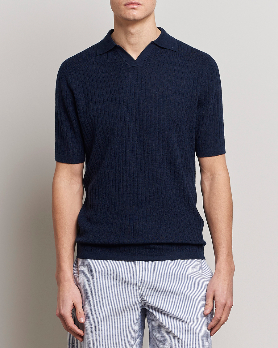 Homme | Polos | Stenströms | Merino/Lyocell Ribbed Open Collar Polo Navy