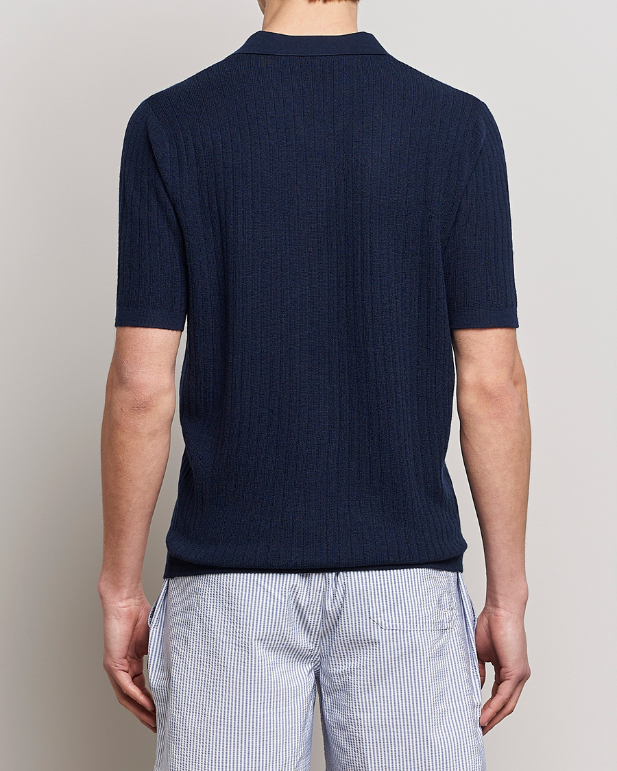 Homme | Polos | Stenströms | Merino/Lyocell Ribbed Open Collar Polo Navy