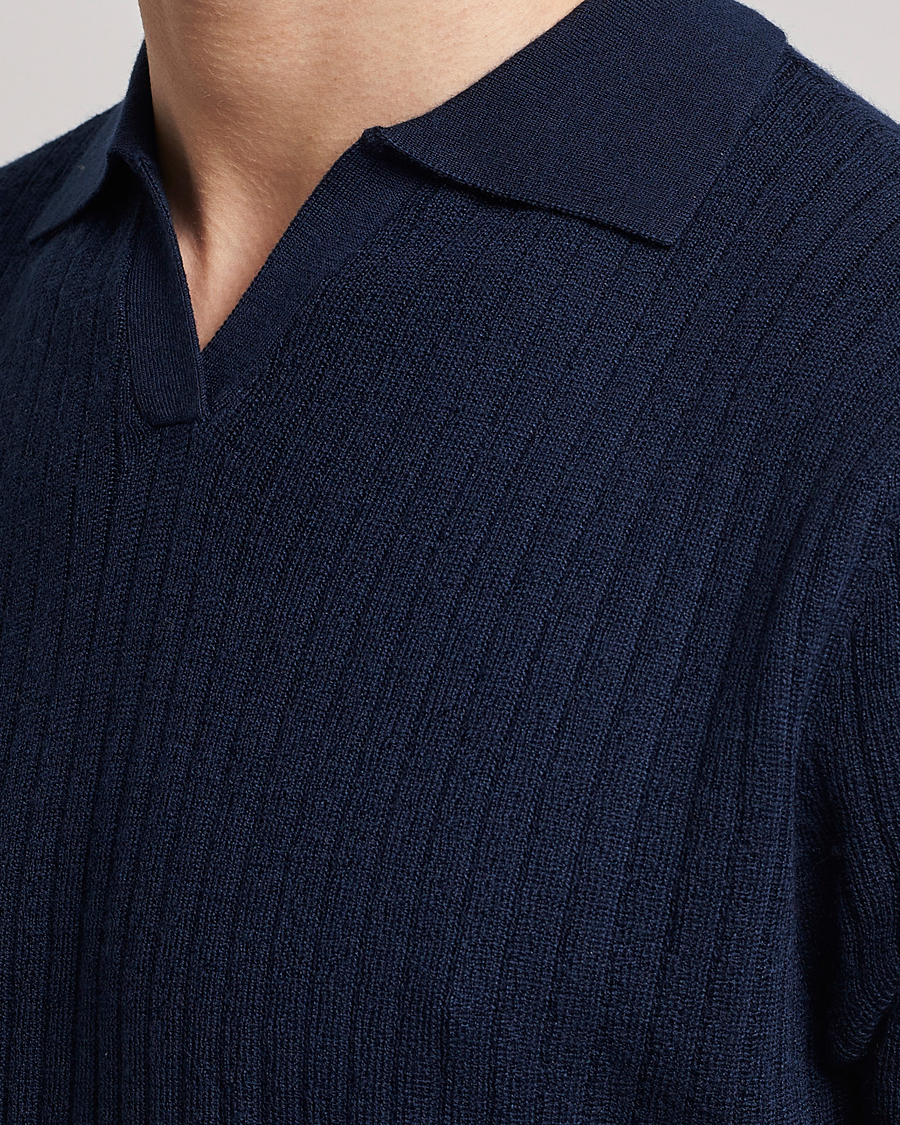Homme | Polos | Stenströms | Merino/Lyocell Ribbed Open Collar Polo Navy