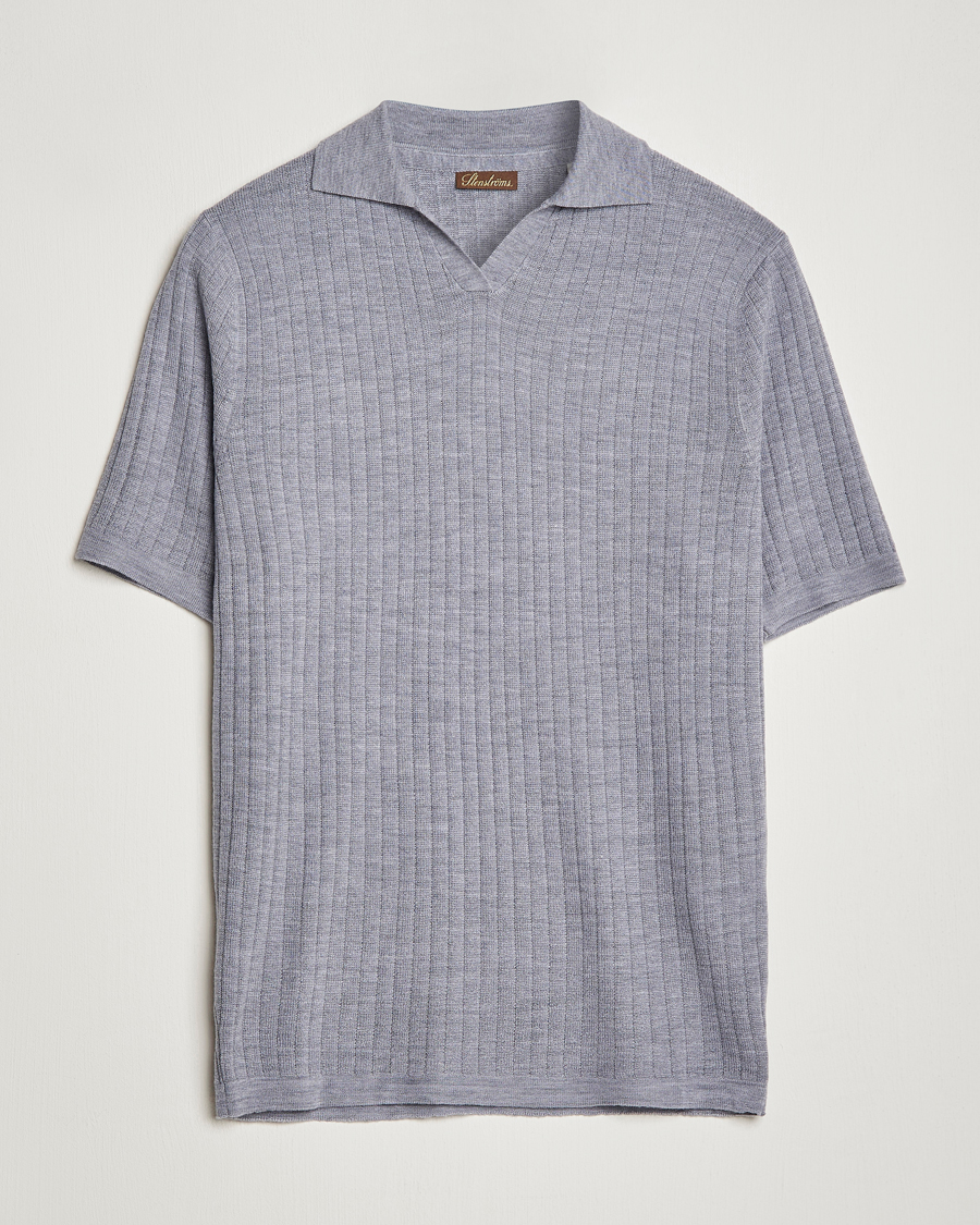 Homme | Polos | Stenströms | Merino/Lyocell Ribbed Open Collar Polo Grey
