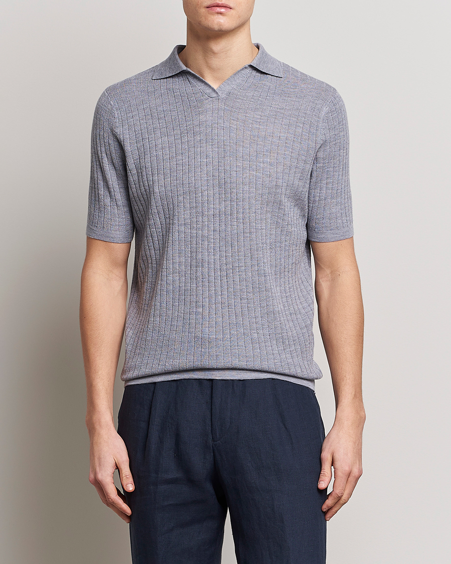 Homme | Polos | Stenströms | Merino/Lyocell Ribbed Open Collar Polo Grey