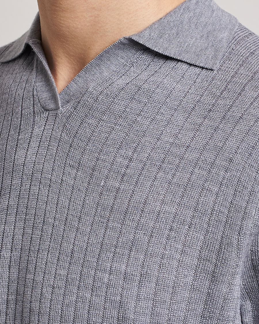 Homme | Polos | Stenströms | Merino/Lyocell Ribbed Open Collar Polo Grey