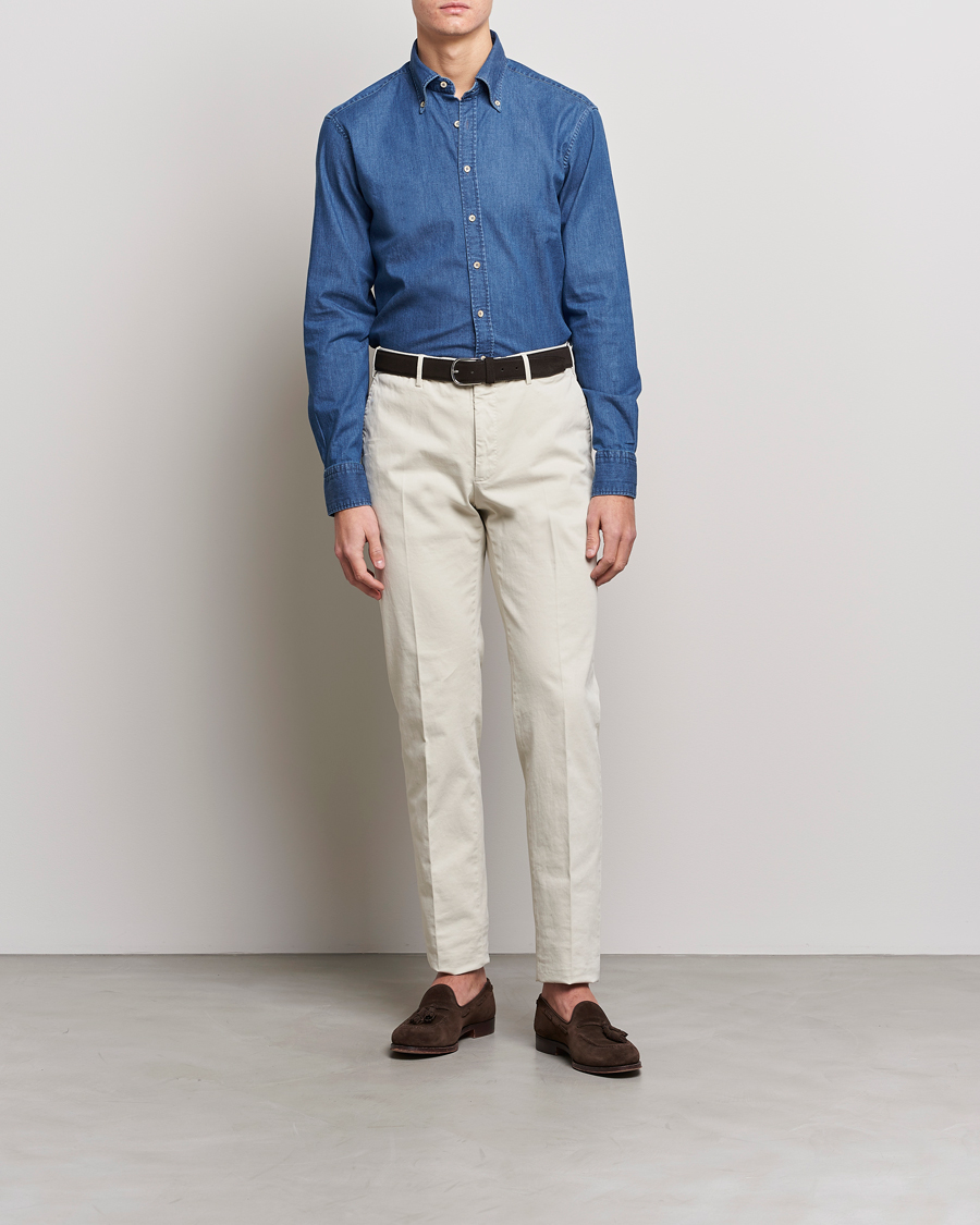 Homme | Chemises | Stenströms | Fitted Body Button Down Garment Washed Shirt Mid Blue Denim