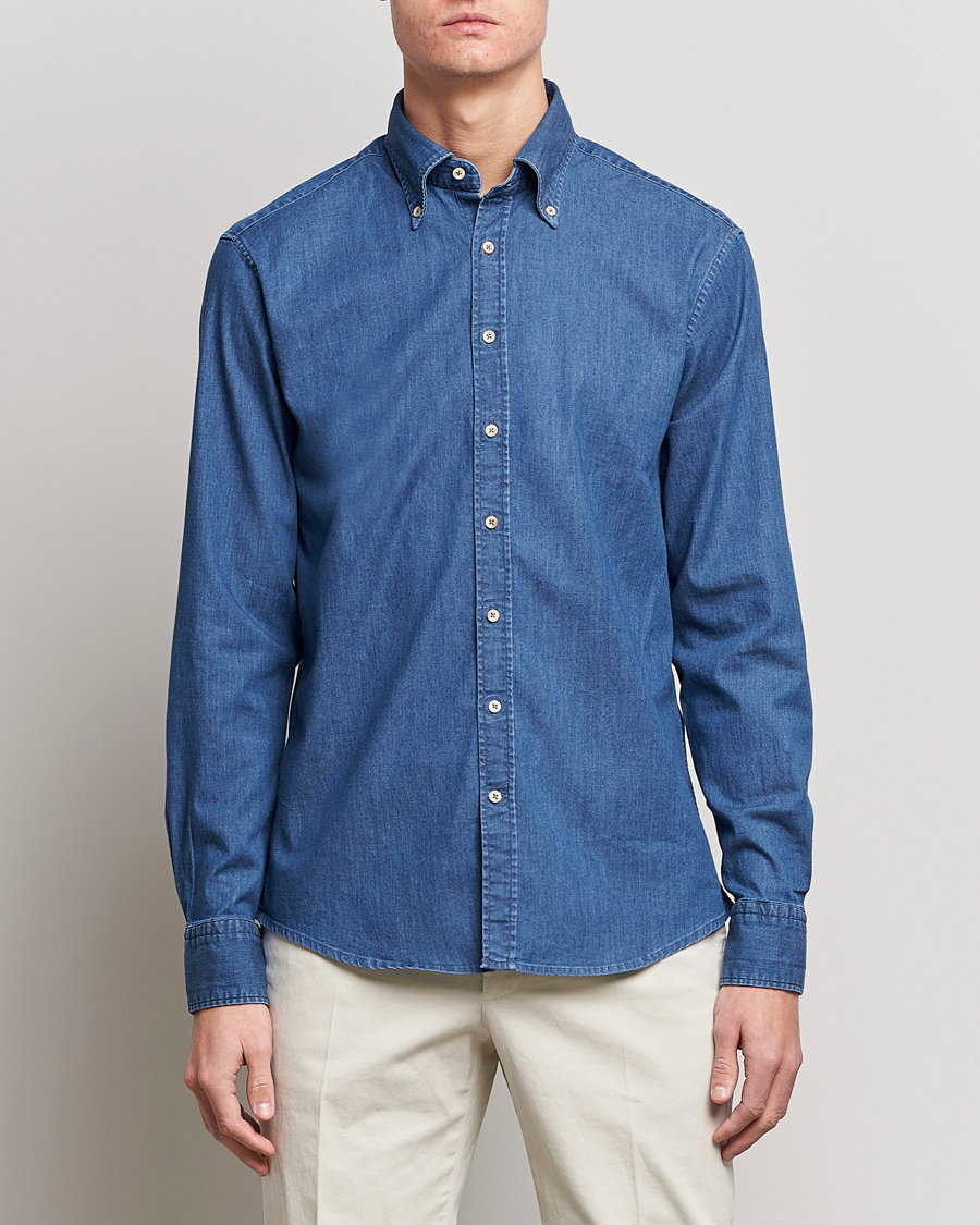Homme | Stenströms | Stenströms | Fitted Body Button Down Garment Washed Shirt Mid Blue Denim