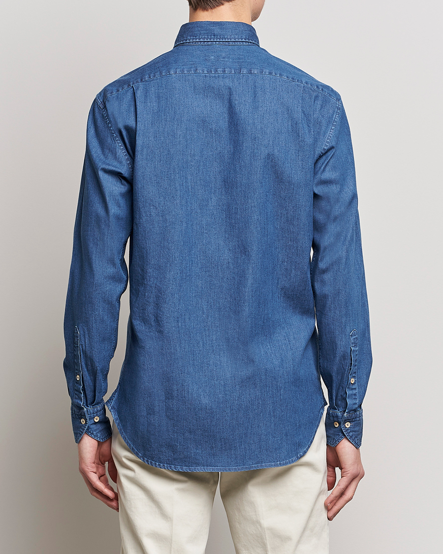 Homme | Chemises | Stenströms | Fitted Body Button Down Garment Washed Shirt Mid Blue Denim