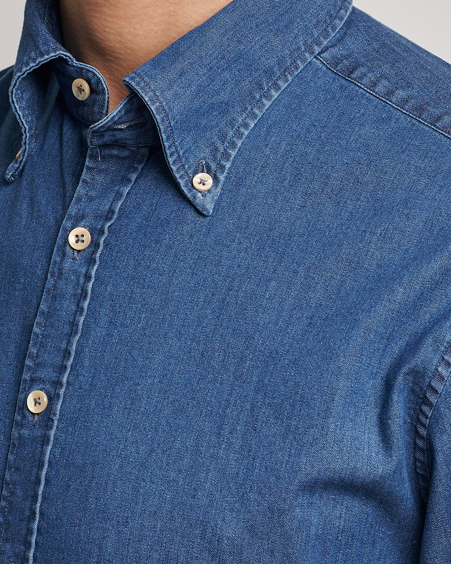 Homme | Chemises | Stenströms | Fitted Body Button Down Garment Washed Shirt Mid Blue Denim