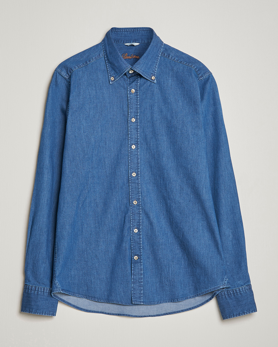 Homme | Chemises | Stenströms | Slimline Button Down Garment Washed Shirt Mid Blue Denim