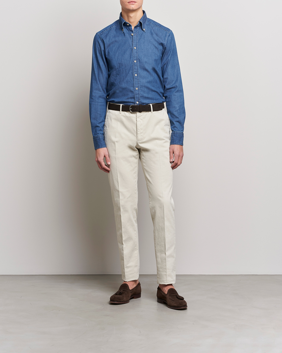 Homme | Chemises | Stenströms | Slimline Button Down Garment Washed Shirt Mid Blue Denim