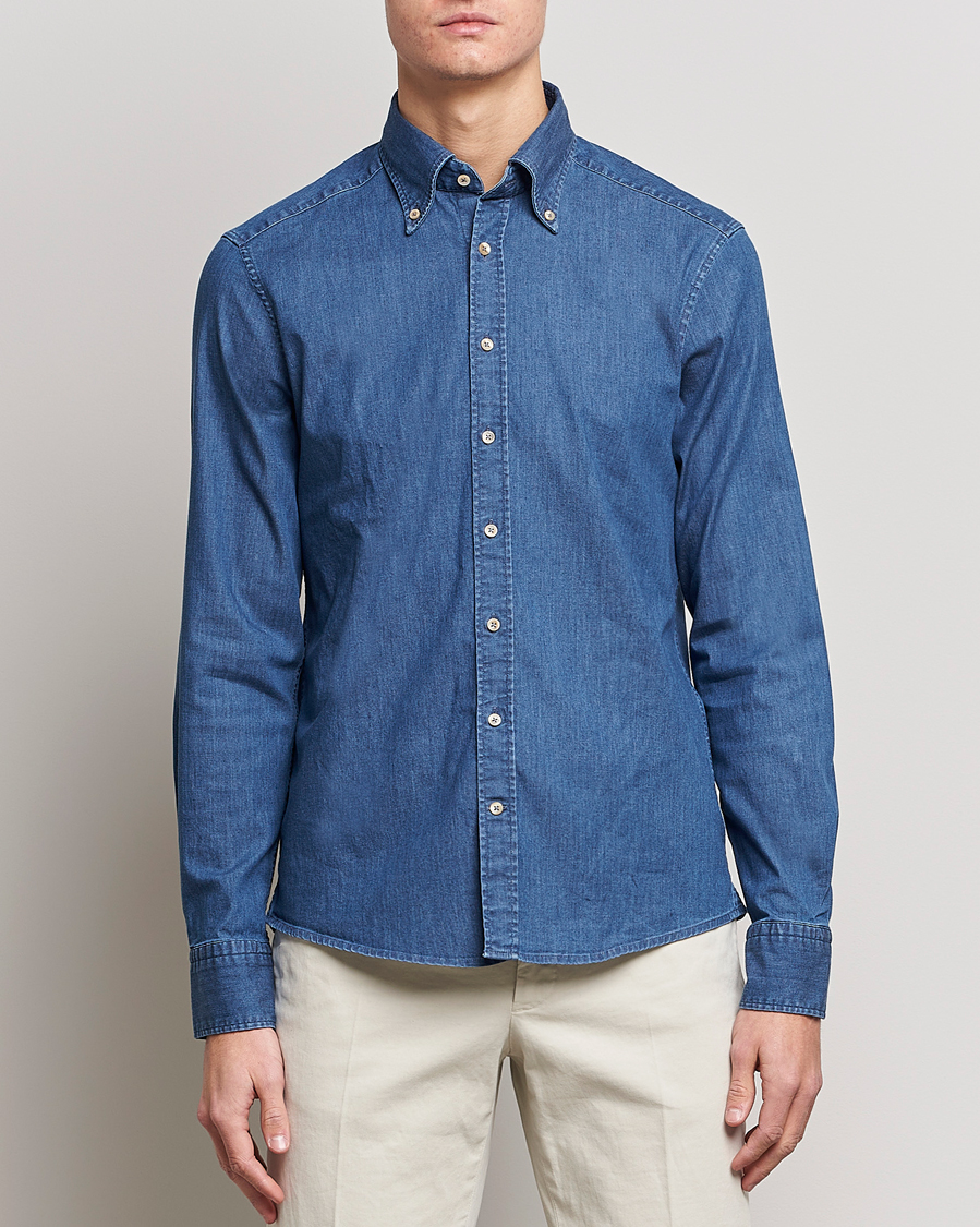Homme |  | Stenströms | Slimline Button Down Garment Washed Shirt Mid Blue Denim