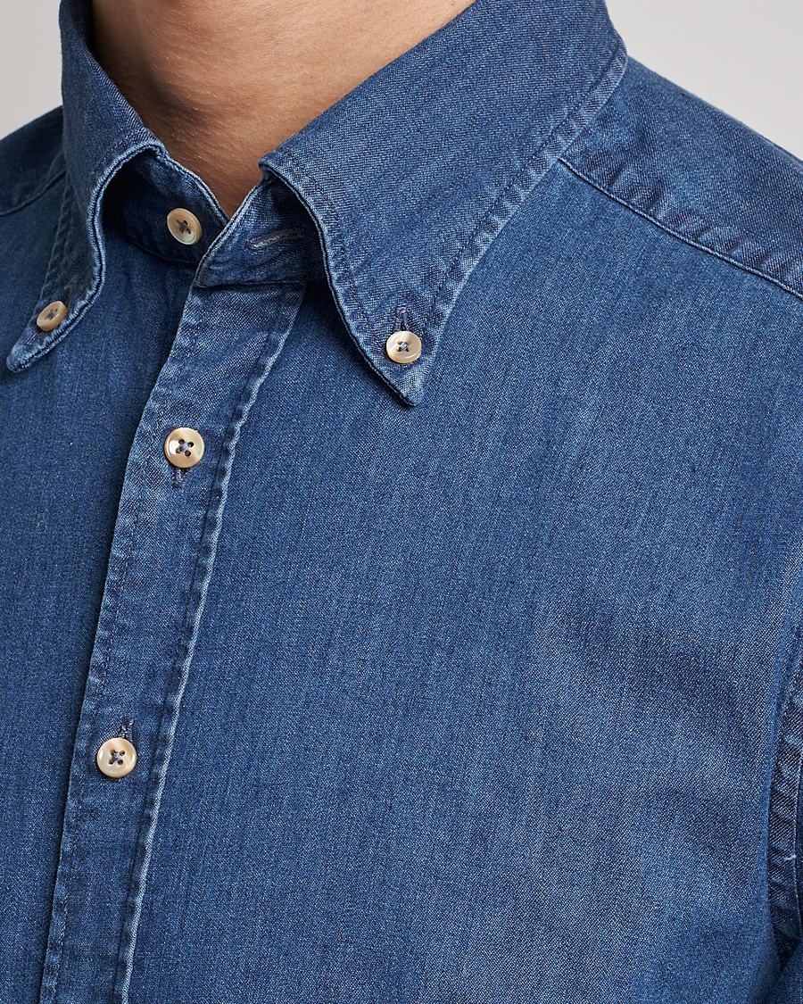Homme | Chemises | Stenströms | Slimline Button Down Garment Washed Shirt Mid Blue Denim