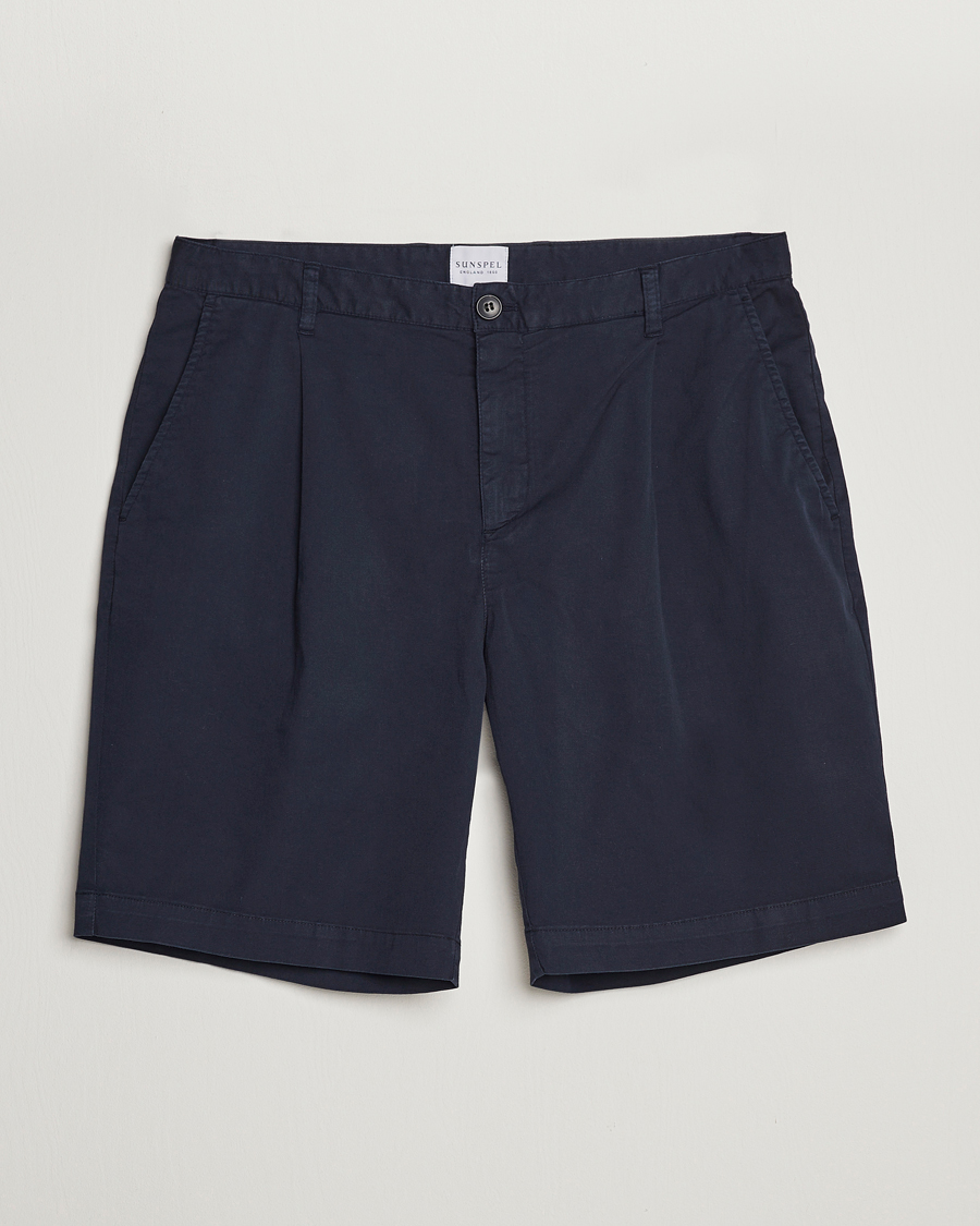 Homme | Shorts | Sunspel | Pleated Stretch Cotton Twill Shorts Navy