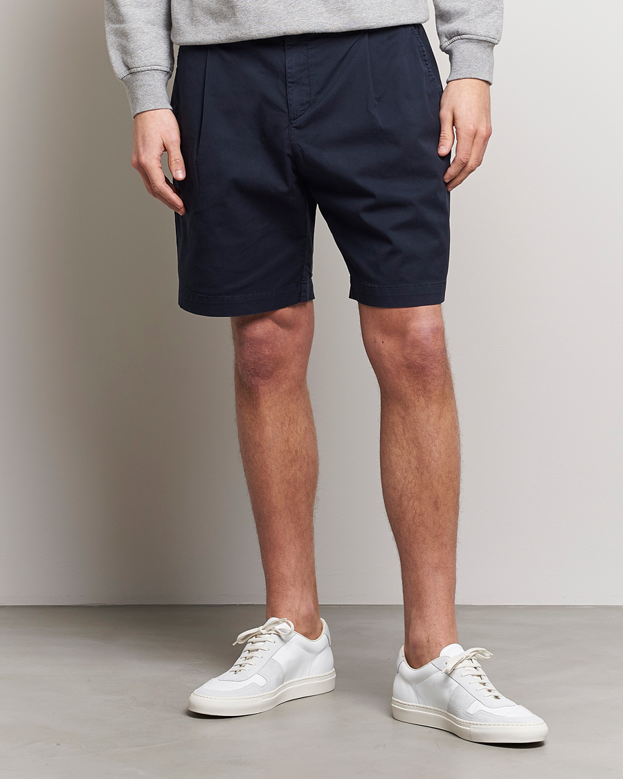 Homme |  | Sunspel | Pleated Stretch Cotton Twill Shorts Navy
