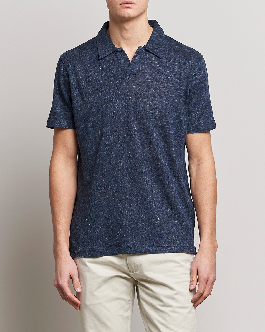 Homme | Polos | Sunspel | Linen Polo Shirt Navy Melange
