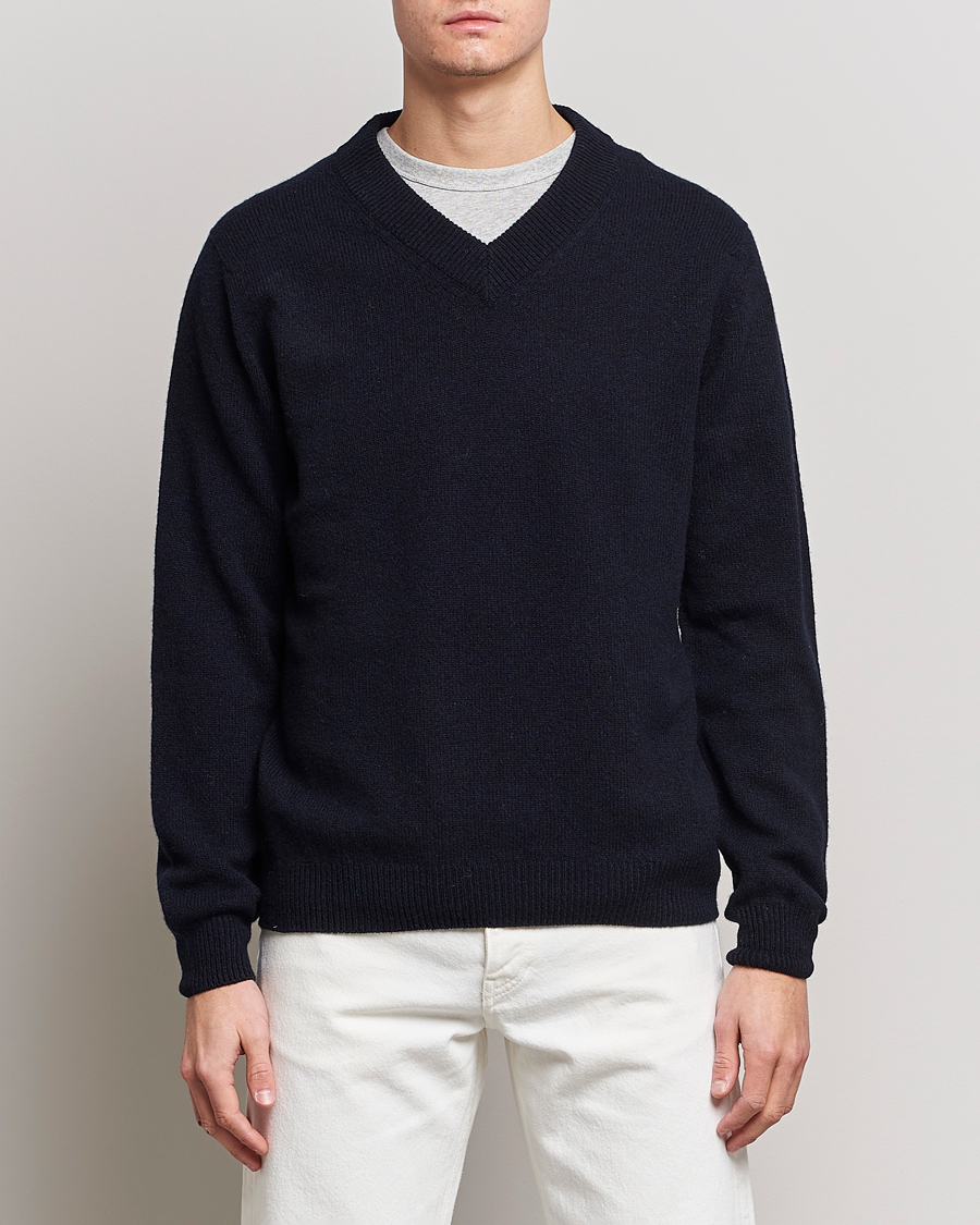 Homme | Pulls Et Tricots | Sunspel | Lambswool V-Neck Dark Navy Mouline