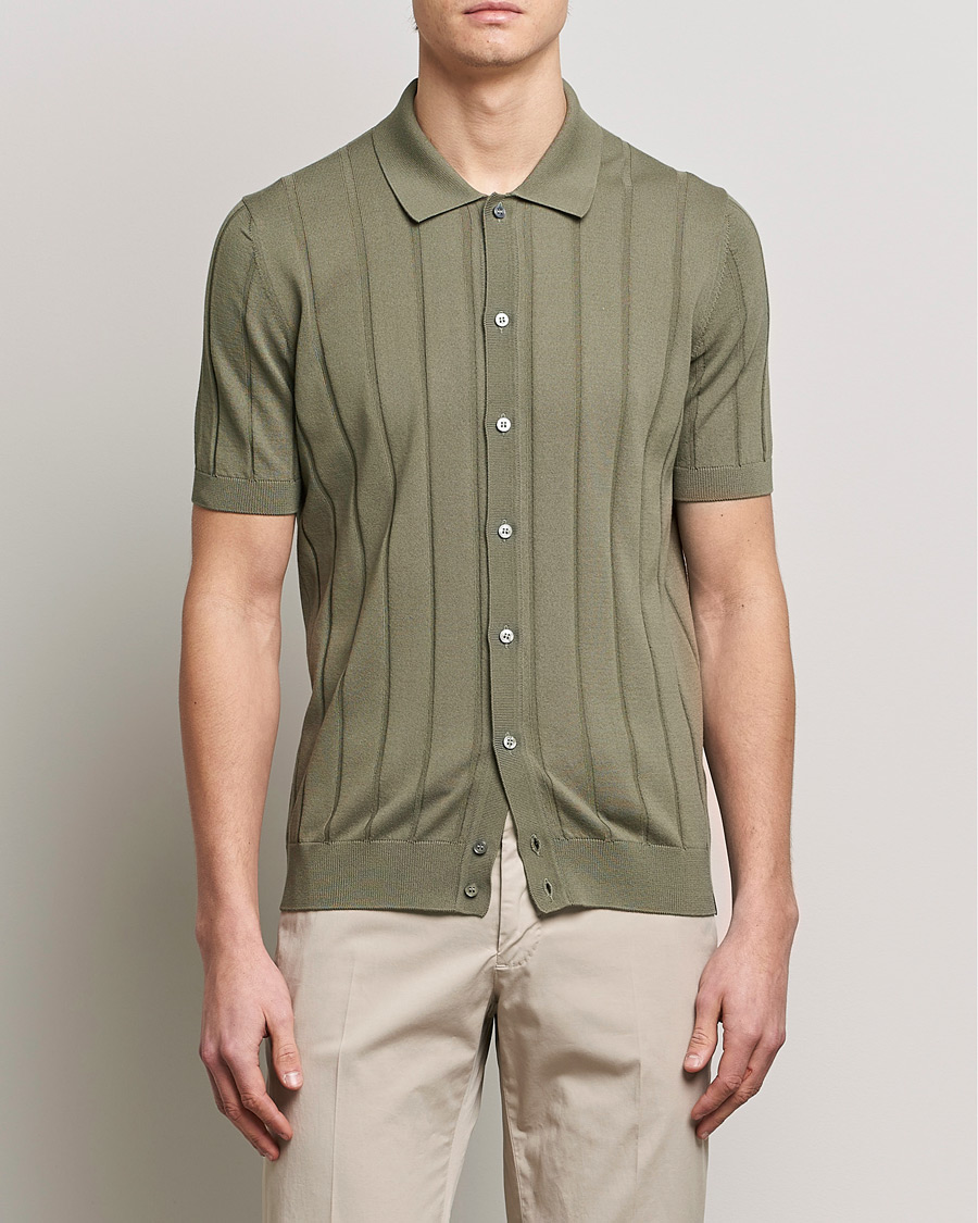 Homme | Chemises | Lardini | Short Sleeve Knitted Cotton Crèpe Shirt Olive