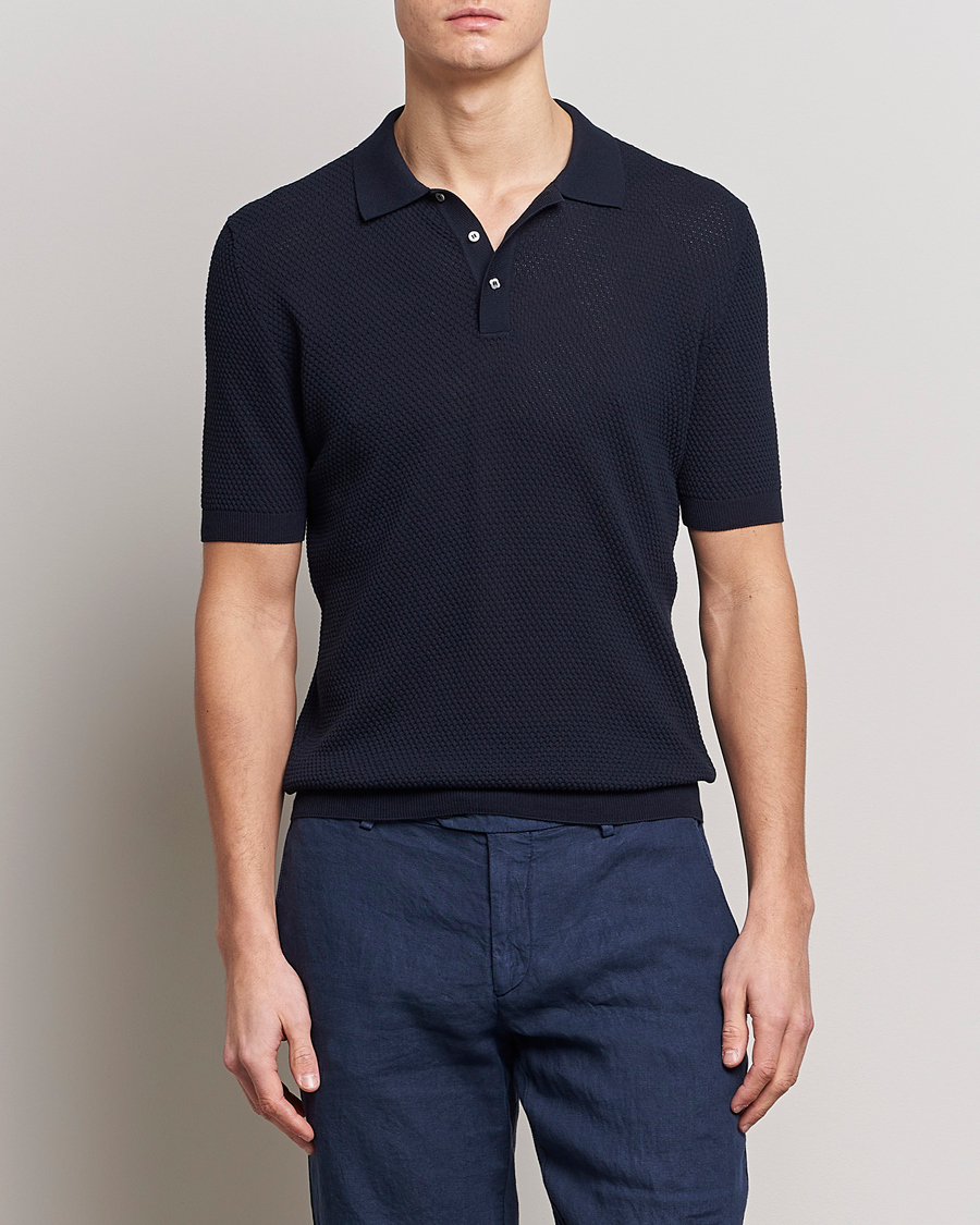 Homme | Polos | Lardini | Short Sleeve Knitted Structure Cotton Polo Navy