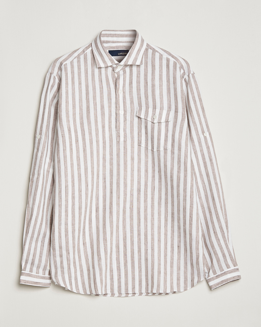Homme | Chemises | Lardini | Relaxed Striped Linen Popover Shirt Brown/White