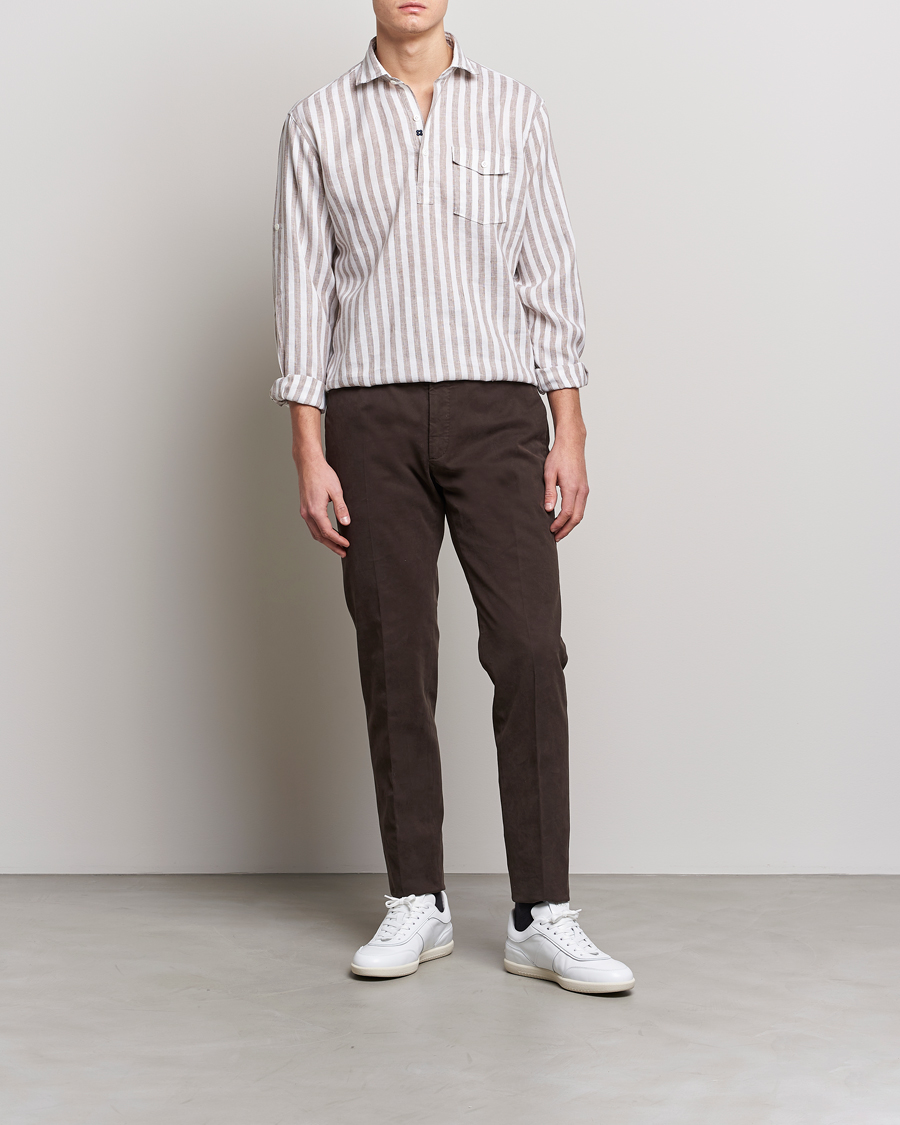 Homme | Chemises | Lardini | Relaxed Striped Linen Popover Shirt Brown/White