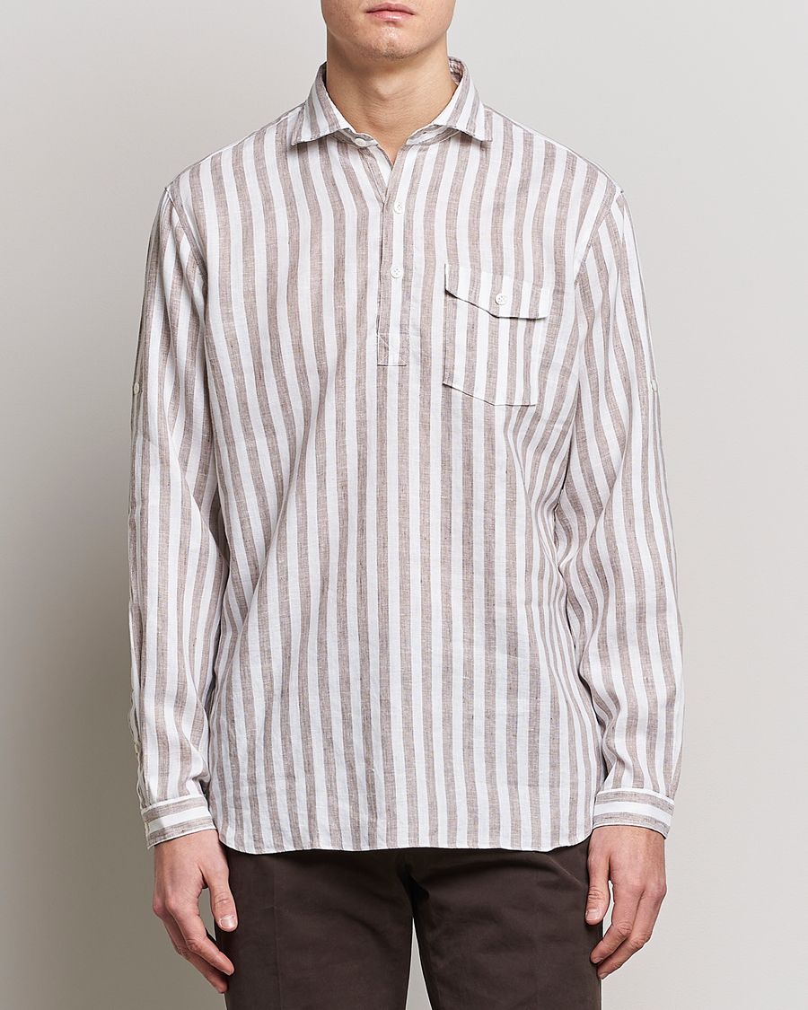 Homme | Chemises | Lardini | Relaxed Striped Linen Popover Shirt Brown/White