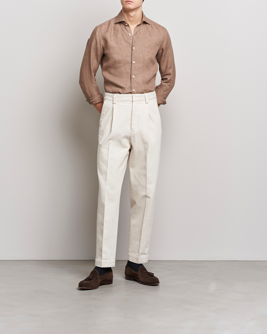Homme | Chemises | 100Hands | Signature Linen Cut Away Shirt Taupe