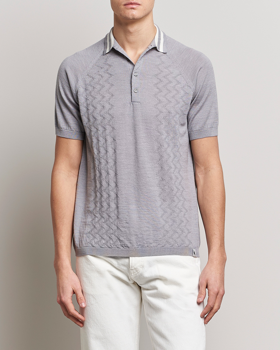 Homme | Polos | Peregrine | Textured Wool Short Sleeve Poloshirt Light Grey