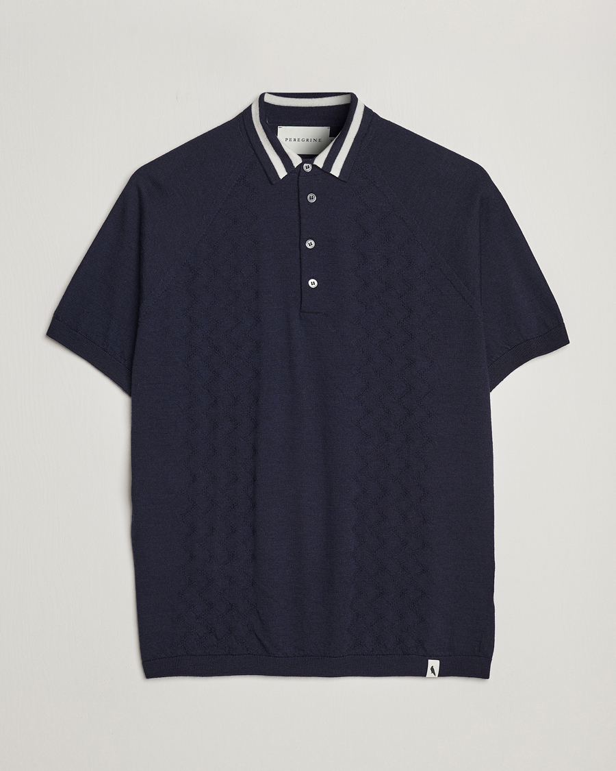 Homme | Polos | Peregrine | Textured Wool Short Sleeve Poloshirt Navy