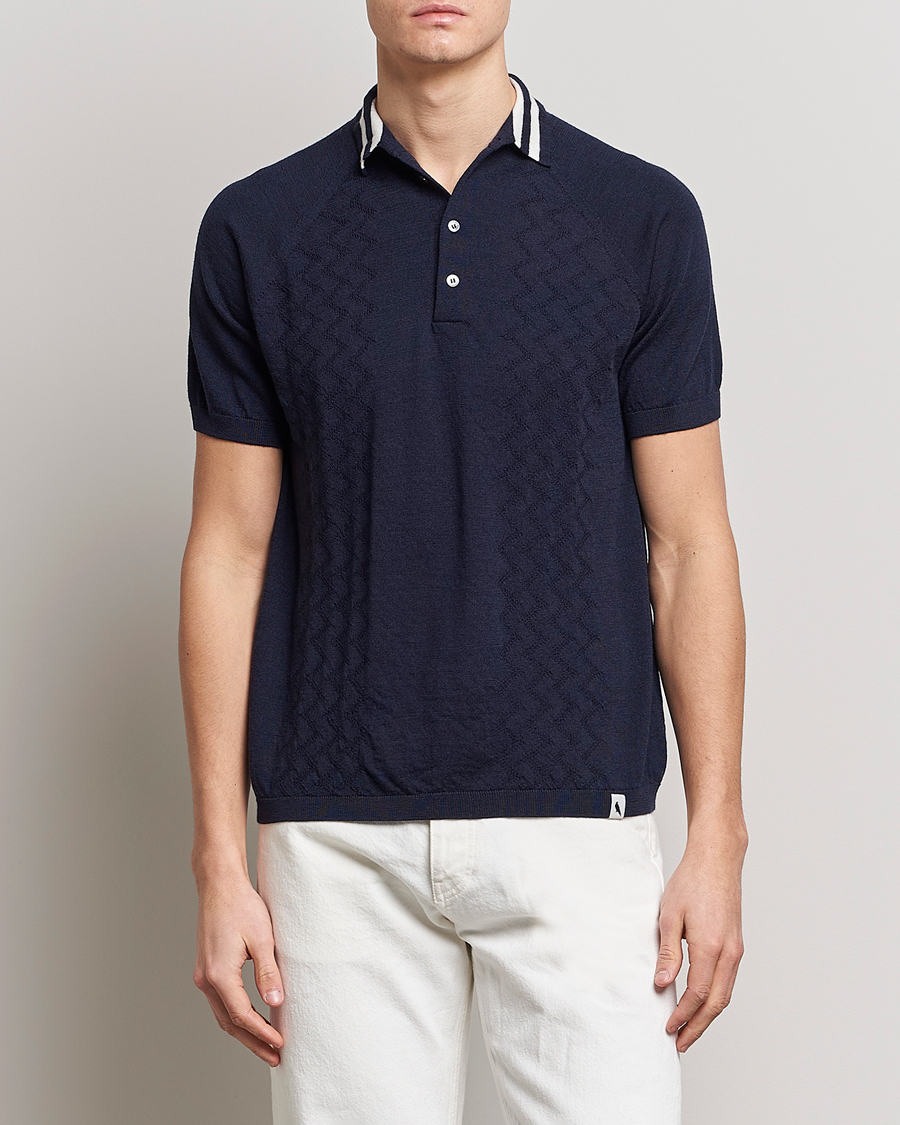 Homme | Polos | Peregrine | Textured Wool Short Sleeve Poloshirt Navy
