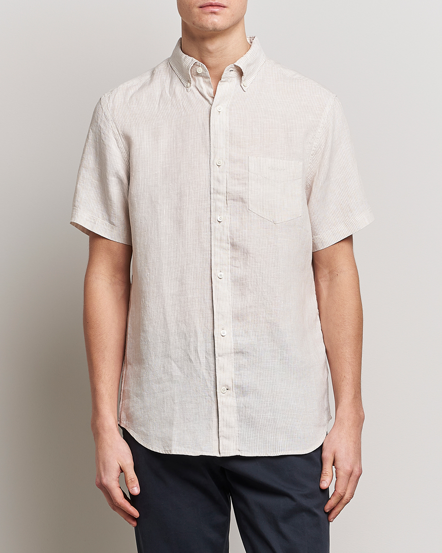 Homme | Chemises | GANT | Regular Fit Striped Linen Short Sleeve Shirt Dry Sand