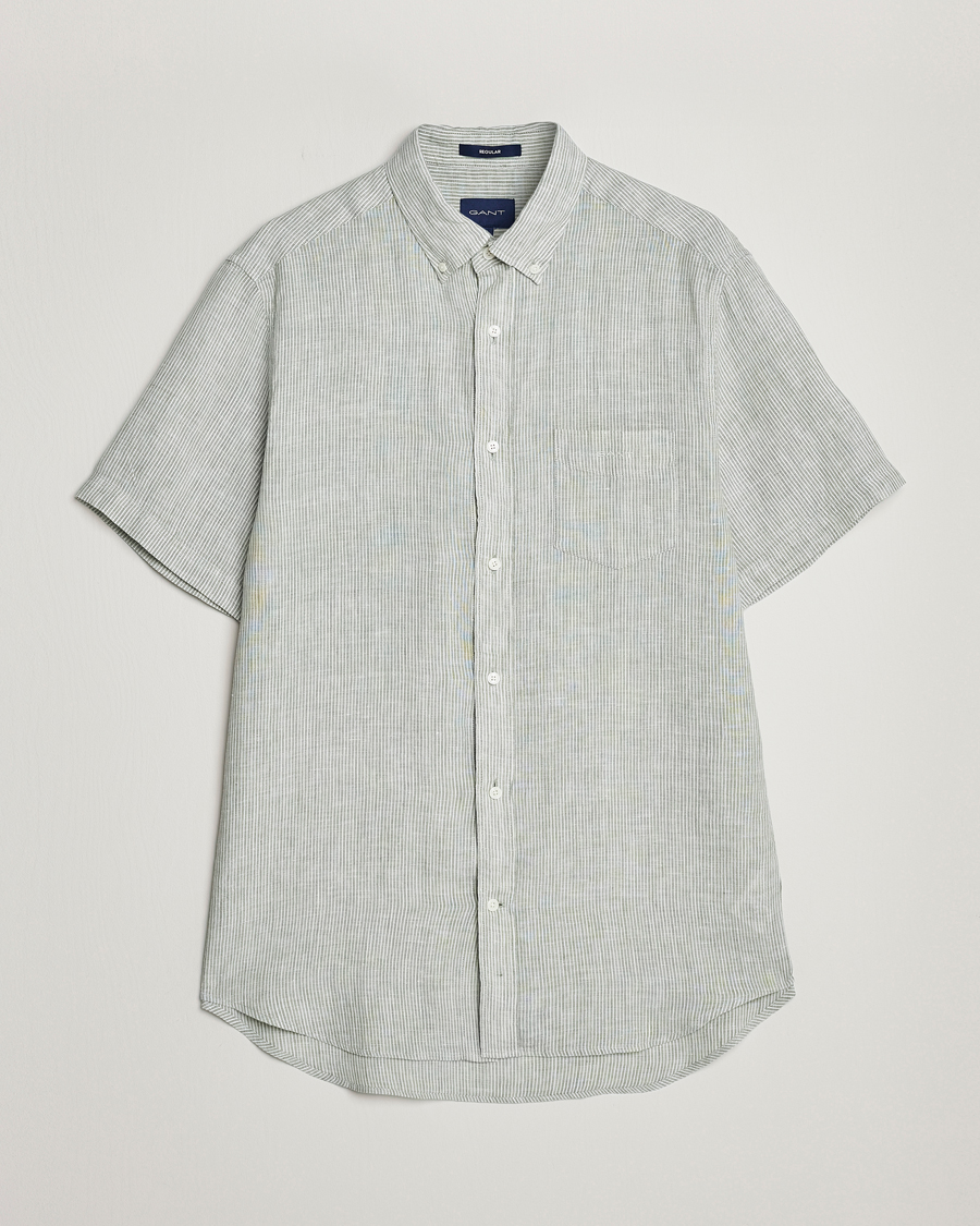 Homme | Chemises | GANT | Regular Fit Striped Linen Short Sleeve Shirt Calamata Green