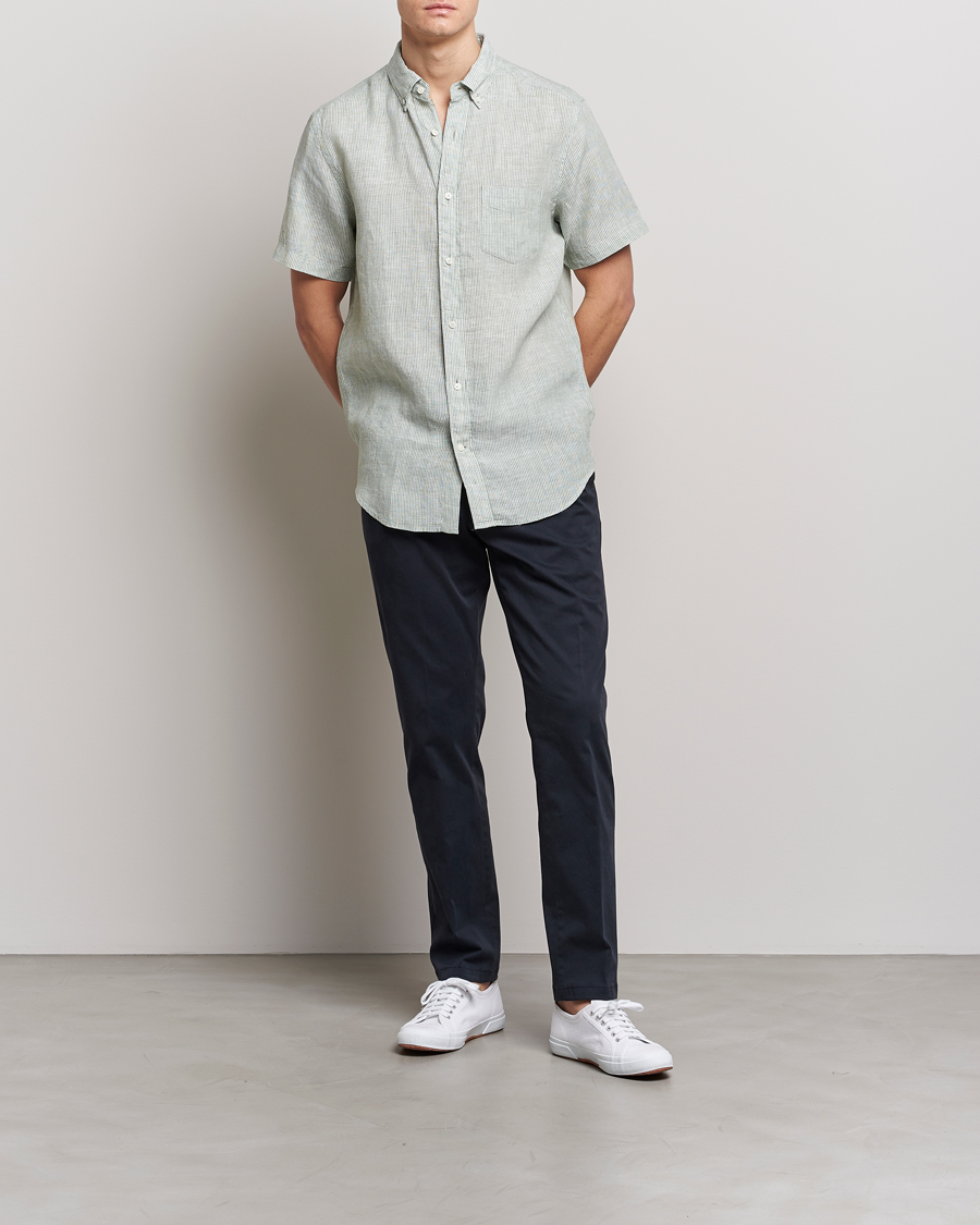 Homme | Chemises | GANT | Regular Fit Striped Linen Short Sleeve Shirt Calamata Green