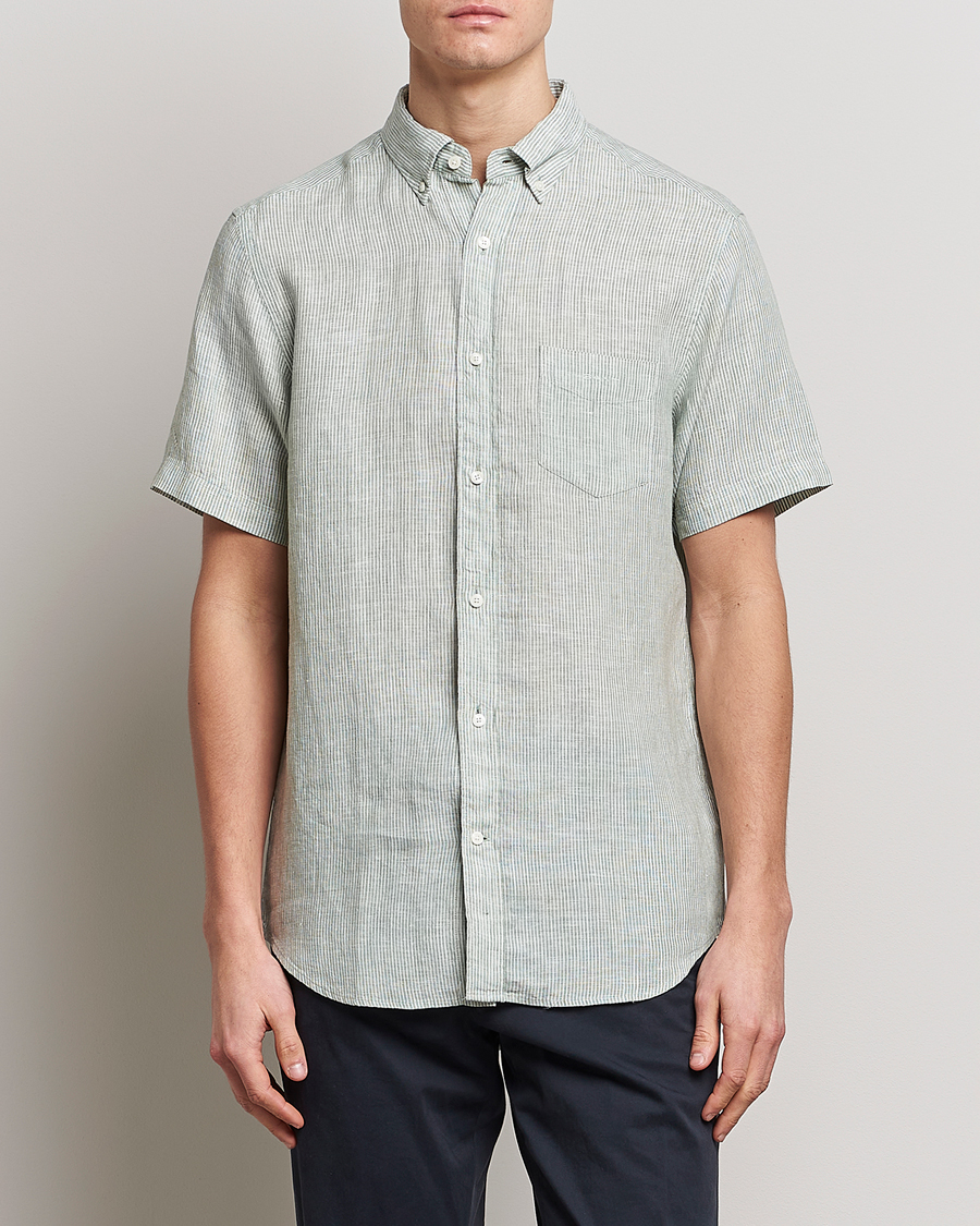 Homme | Chemises | GANT | Regular Fit Striped Linen Short Sleeve Shirt Calamata Green