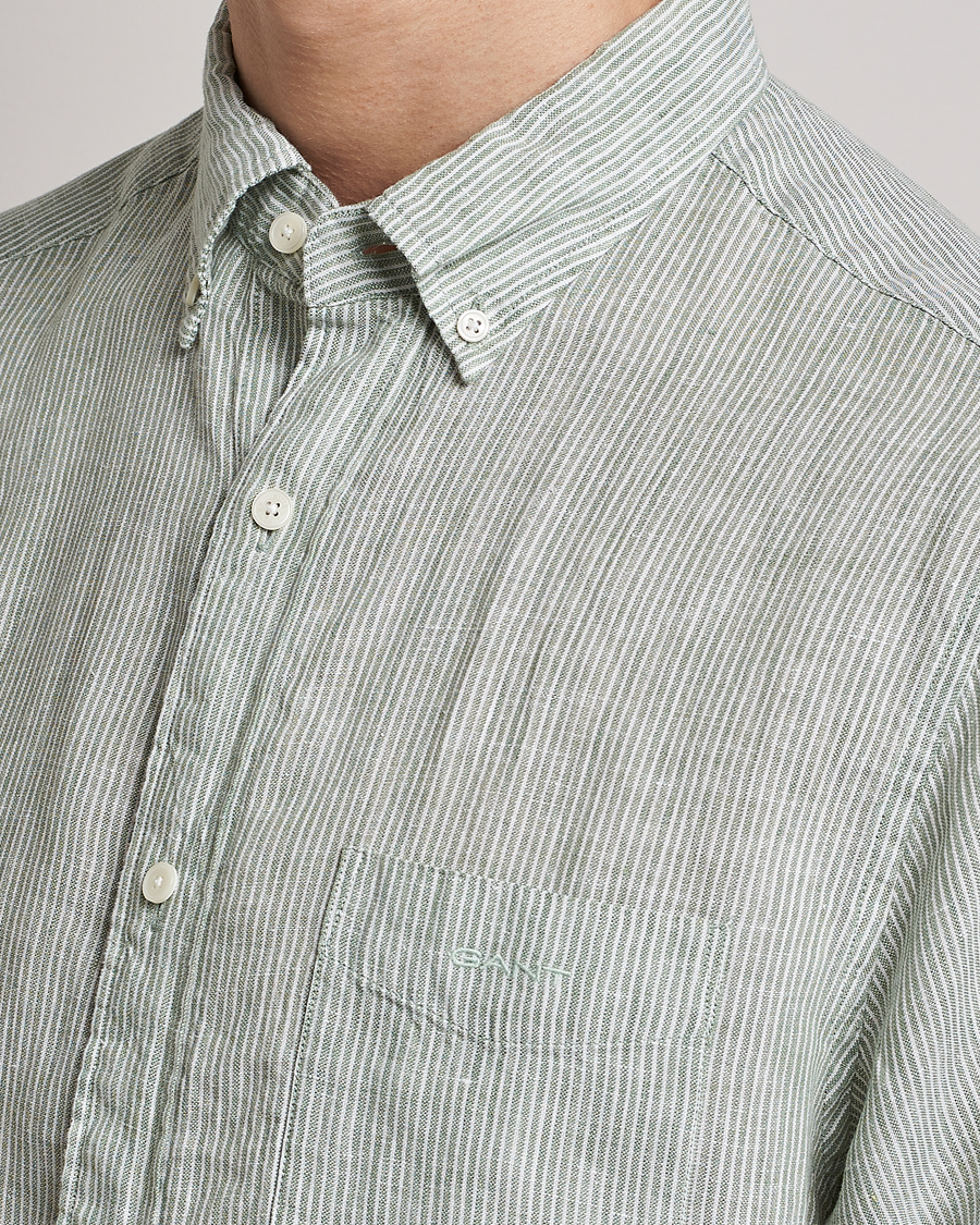 Homme | Chemises | GANT | Regular Fit Striped Linen Short Sleeve Shirt Calamata Green